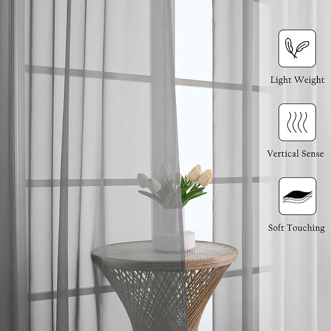 Charcoal Grey Sheer Curtains 84 Inches Long 2 Panels, Voile Airy Light - Image 3