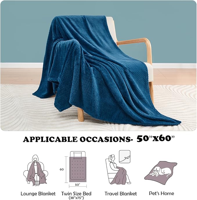 NEWCOSPLAY Super Soft Throw Blanket Navy Blue Premium Silky Flannel Fleece Leaves Pattern Lightweight Bed Blanket All Season Use (Navy Blue, Throw(50"x60"))