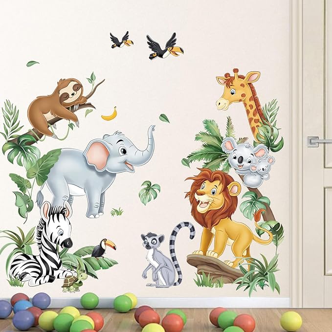 decalmile Jungle Animals Wall Decals Safari Elephant Lion Giraffe Door Wall Stickers Baby Nursery Kids Room Toddler Room Wall Decor