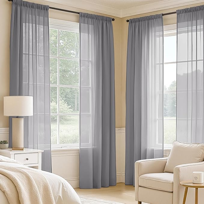 MIULEE Dark Grey Sheer Curtains 108 Inches Long 4 Panels 54 x 108 Inches | - Image 2