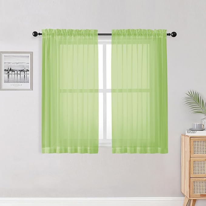Lime Kitchen Sheer Curtains for Bedroom Living Room 45 Inch Length, Soft Solid by OWENIE