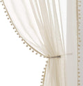 Treatmentex Sheer Linen-Look Curtains 95in Bedroom Decorative Pompom Trimmed Voile for Living Room Slub Textured Natural Window Curtain Panels 2pcs