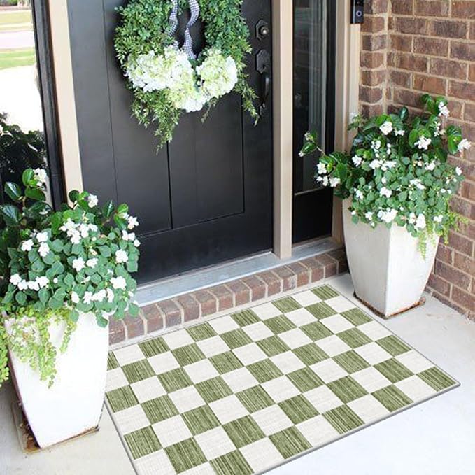Front Door Mat Outside Entrance 2x3 Green White Checkered Rug | Non-Slip - Image 4