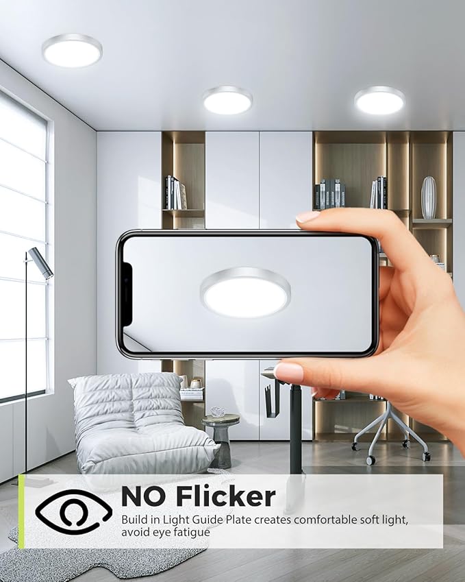 hepside 1Pack Dimmable Flush Mount Ceiling Light Fixture Brushed Nickel, 3CCT Selectable 3000/4000/6500K Ceiling Lamp, 7.5INCH 15W 1500LM Low Profile Light for Bedroom, Kitchen, Bathroom, Hallway