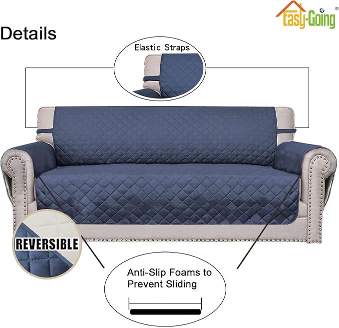 Easy-Going Reversible Couch Cover, 3 Cushion Sofa, Dark Blue/Ivory | Machine - Image 3