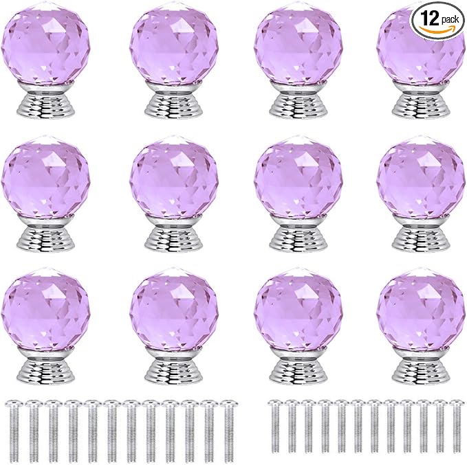 12 Pcs 30mm Round Shape Crystal Glass Cabinet Knobs with Screws Drawer Knob Pull Handle Used for Kitchen, Dresser, Door, Cupboard(Purple)