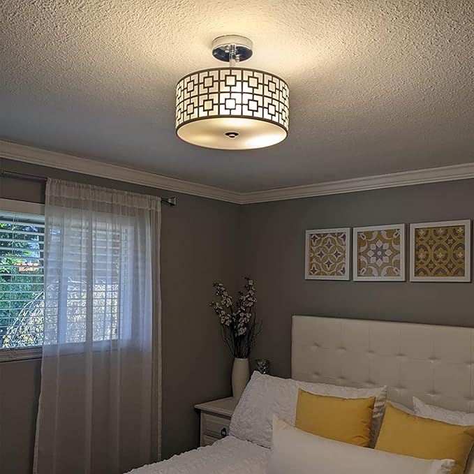 DLLT Flush Mount Ceiling Light: Modern 3-Light Brushed Nickel Kitchen Light Fixture - Drum Lighting Fixture for Dining Room - Silver Bedroom Ceiling Lamp with Double Shade