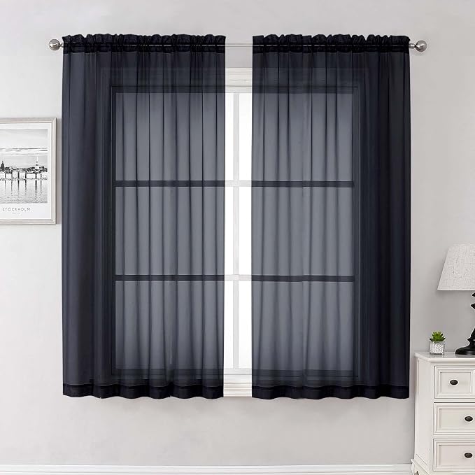 Black Sheer Curtains 63 Inch Length 2 Panels, Voile Light Filtering Living Room by Lecloud