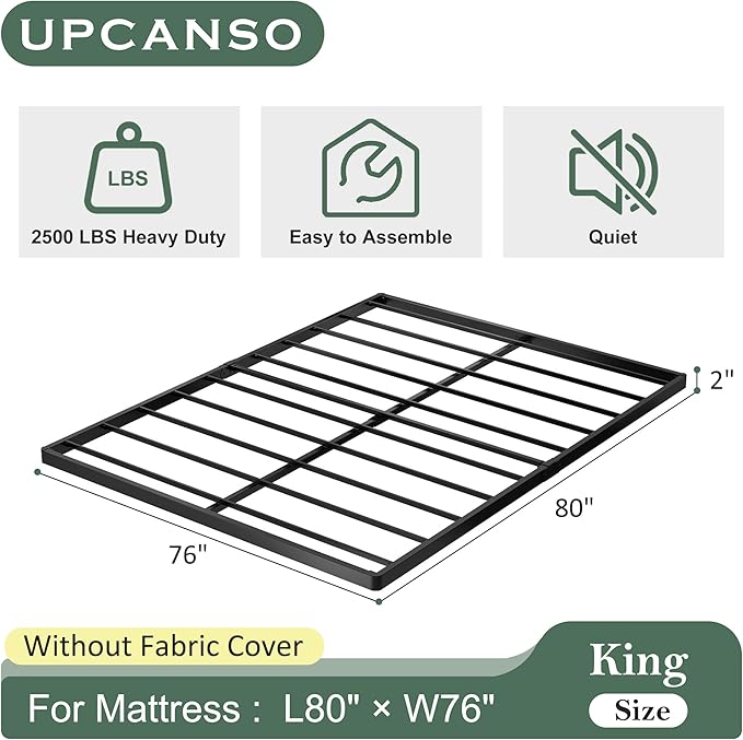 King Box Spring Bed Base 2 Inch, Low Profile Metal Box Spring King Bunkie Board 2 Inch, 3000 Lbs Max Weight Capacity Mattress Foundation, Noise-Free, Easy Assembly