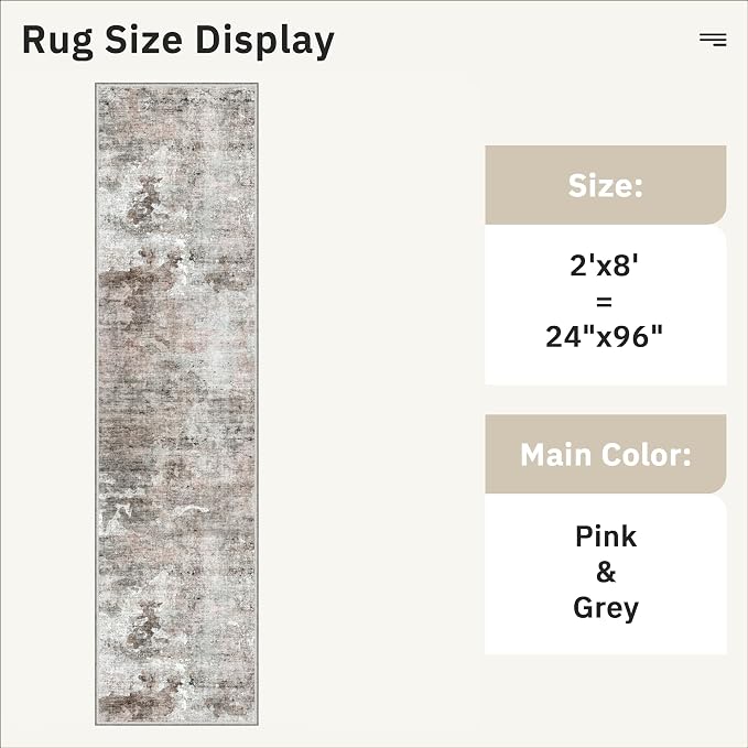 Soalmost Abstract Runner Rug 2x8 Hallway Kitchen Runners Pink/Grey | Vintage - Image 5
