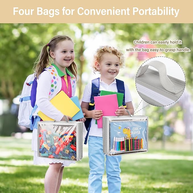 Hanging Toy Storage over Door, Block Stuffed Animal Organizer Idea with 4 Removable Case Bag, Bi-Fold Closet Holder with Mesh Pocket for Kid Boy Girl