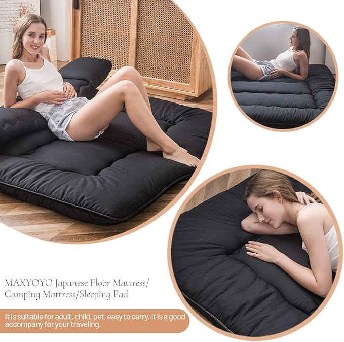 MAXYOYO Japanese Floor Mattress Futon Mattress, 4" Thicken Tatami Mat Sleeping Pad Foldable Roll Up Mat Boys Girls Dormitory Pad Kids Floor Lounger Pillow Bed, Black, Full