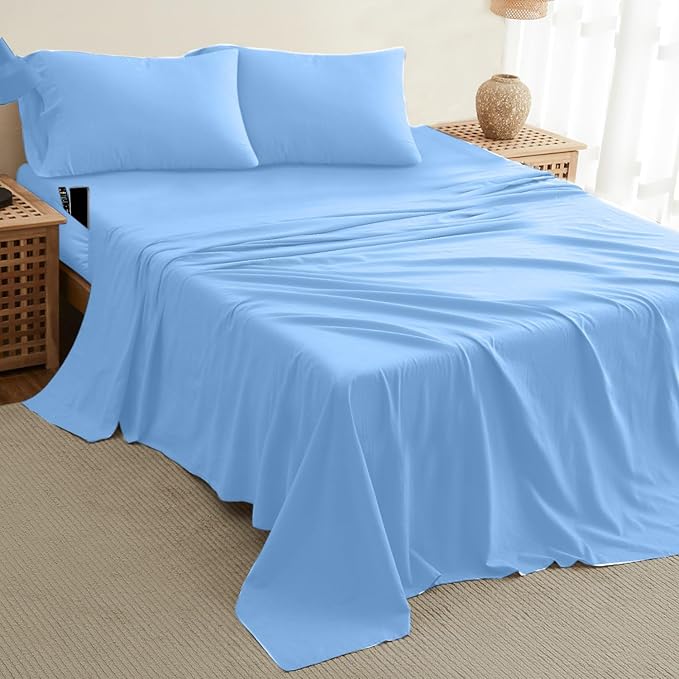 DREAMCARE Queen Sheet Set – 4 pcs Cooling Sheets – up to 21” Extra Deep Pocket Queen Sheets – Hotel Luxury Sheets & Pillowcases – Superior Softness 100% Fine Microfiber with Side Pocket – Light Blue