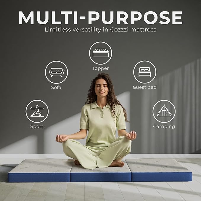 Cozzzi Trifold Mattress for Floor and Traveling with Removable Cover - Lightweight and Portable Mattress for Adults & Kids - Compact and Easy to Storage (75in x 31in x 4in, Navy)