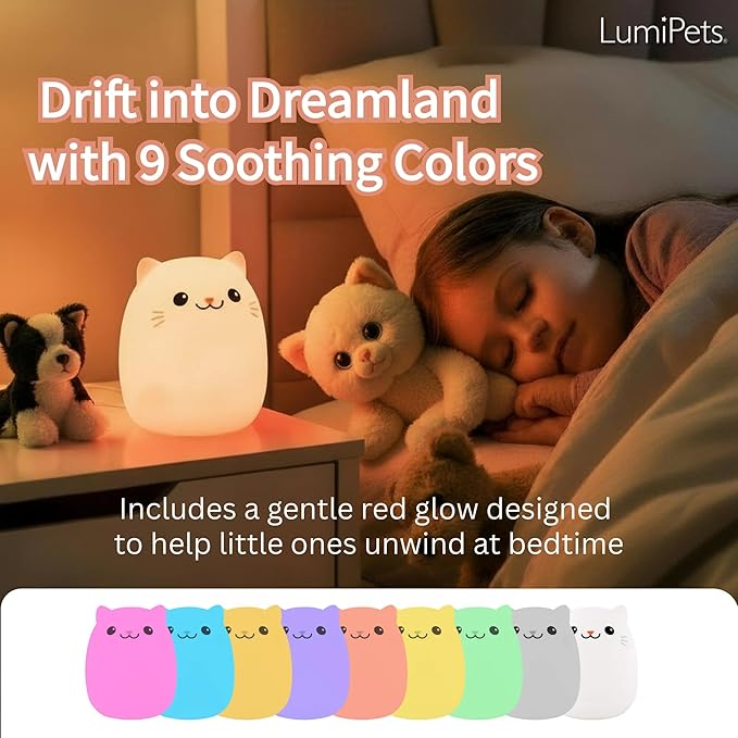 Lumipets Clive The Cat Squishy Silicone Night Light for Kids | Cute Night Light with Remote & Touch Control for Baby & Toddler Bedrooms | Color Changing Portable Animal Nightlight | Kids Mood Lamp