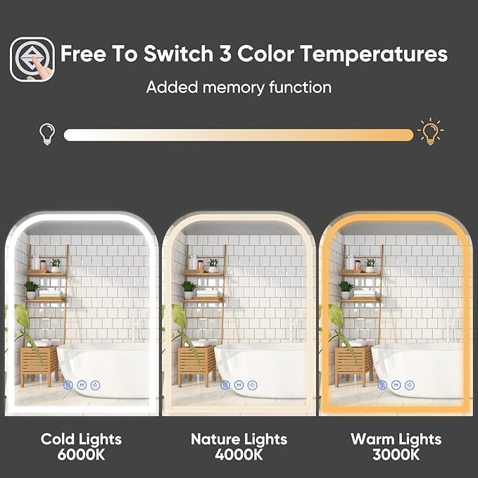 LED Bathroom Mirror, 55"x 30" LED Mirror with Lights for Bathroom, Lighted Vanity Mirrors for Wall, Anti-Fog, Dimmable, Tempered Glass, Memory Function, 3 Colors, Safe Use (White)