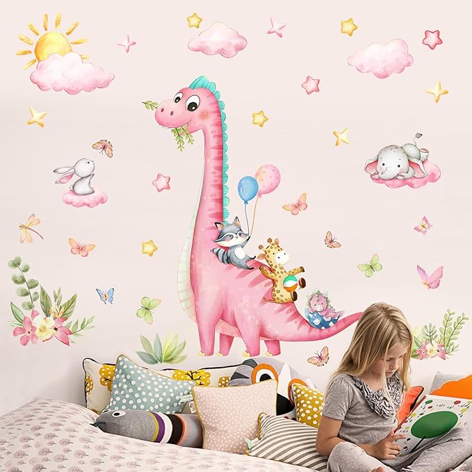 Pink Dinosaur Wall Decals for Girls Room, Sunoyar Dinosaur Wall Stickers Removable, Self-Adhesive DIY Peel & Stick Dino Wall Decal for Girls Baby Nursery Bedroom Living Room