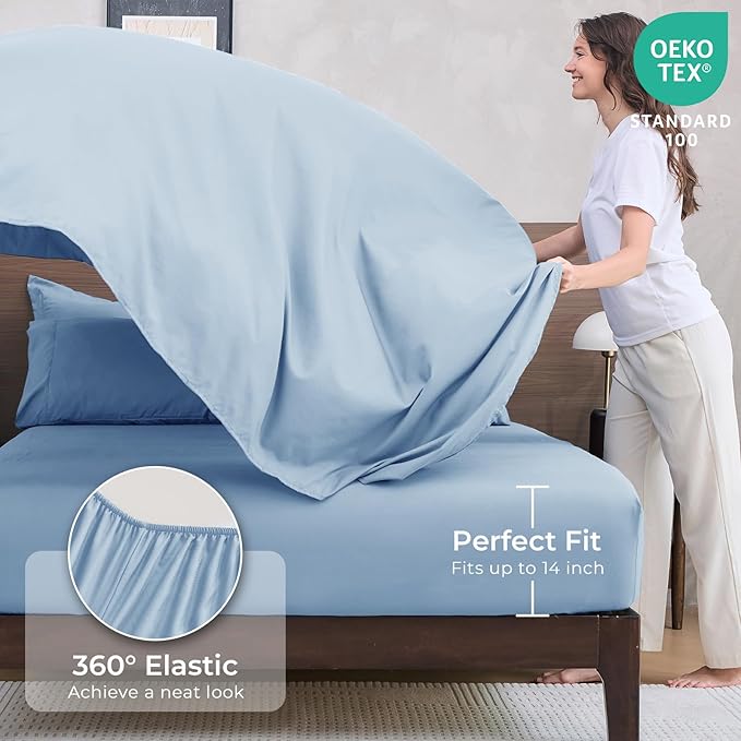 HEVUMYI Light Blue Cali-King Comforter Set - 7-Piece All Season Bed in a Bag Cali-King, Ultra Soft Bedding Set with Comforter, Flat Sheet, Fitted Sheet, Pillowcases, Pillow Shams