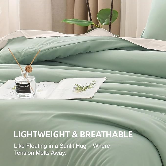 Litanika Comforter Full Size Set Sage Green, 3 Pieces Lightweight Bed Set, Solid Bedding Comforters Sets, Soft All Season Down Alternative Quilt Blanket