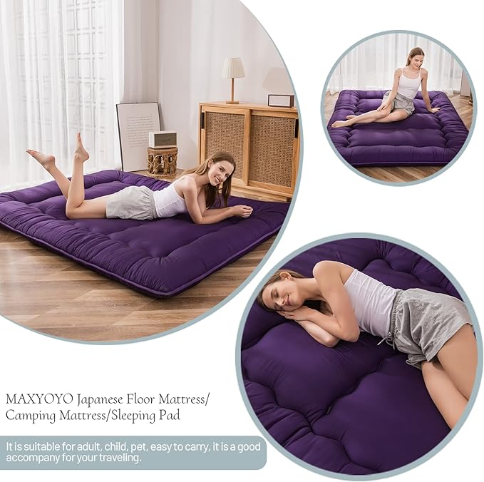 MAXYOYO Japanese Floor Futon Mattress, Roll Up Floor Mattress for Adults Foldable Tatami Mat Sleeping Pad Dormitory Bed Lounger, Purple, Twin Size