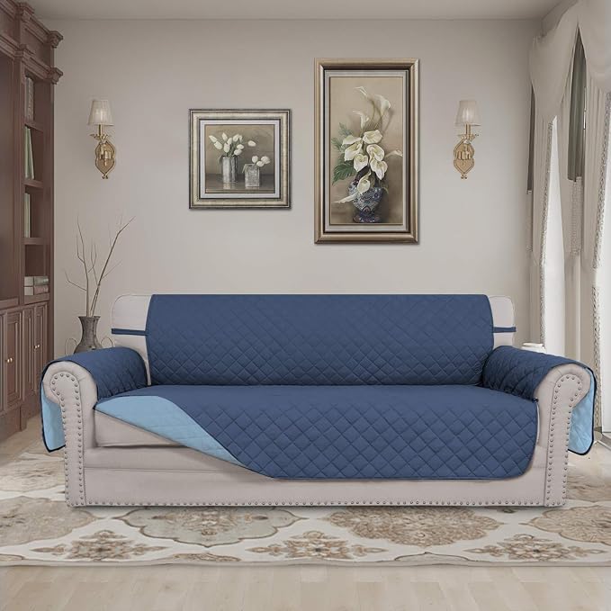 Easy-Going Reversible Couch Cover, 3 Cushion Sofa, Dark Blue/Light Blue | - Image 2