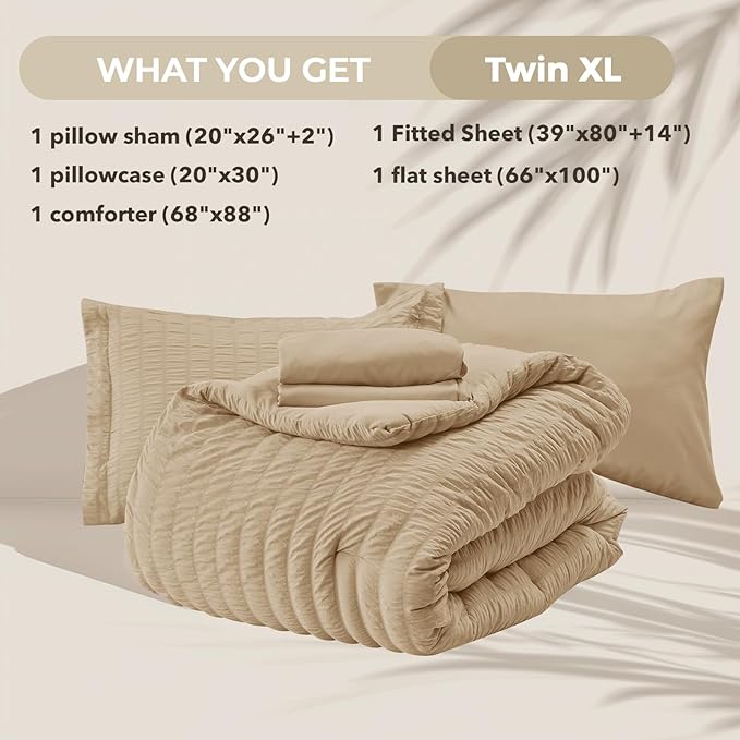 HYMOKEGE Khaki Twin XL Comforter Set Seersucker 5 Pieces, All Season Luxury Bed in a Bag for Bedroom, Bedding Set with Comforter, Sheets, Pillowcase & Sham