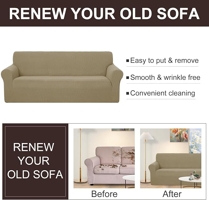 U-NICE HOME Oversized Stretch Couch Cover Slipcover, Sand | 3 Cushion Sofa - Image 4