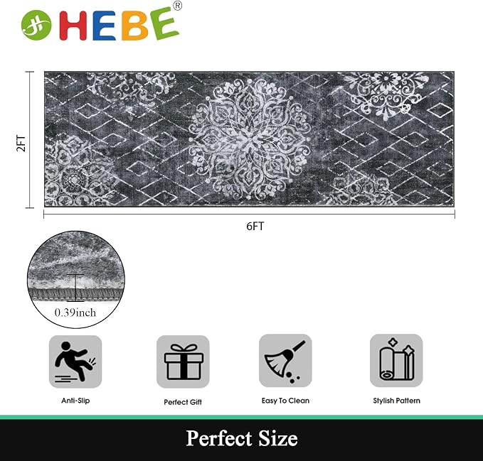 HEBE Hallway Runner Rug 2'x6', Washable Non Slip Kitchen Rug Runner | Soft Boho - Image 2