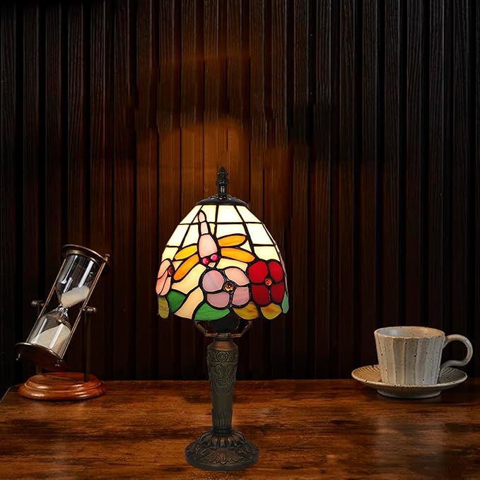Tiffany Small Lamp Baroque Stained Glass Table Lamp 3 Way Color-Temparetures Bedside Nightstand Table Lamps for Bedroom Living Room Home Office Desk Light W/LED Bulb 6X6X12.5Inch