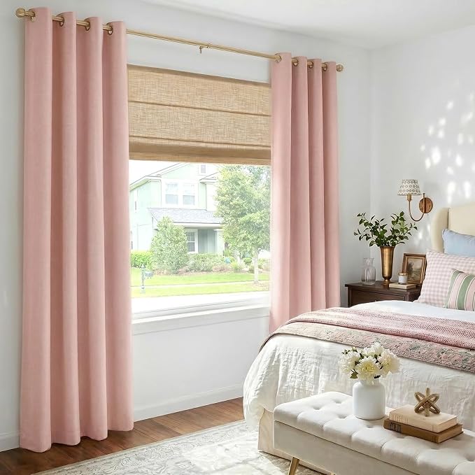 100% Blackout Linen Textured Curtains 96 Inch Long, Blush Pink | 100% Blackout - Image 2