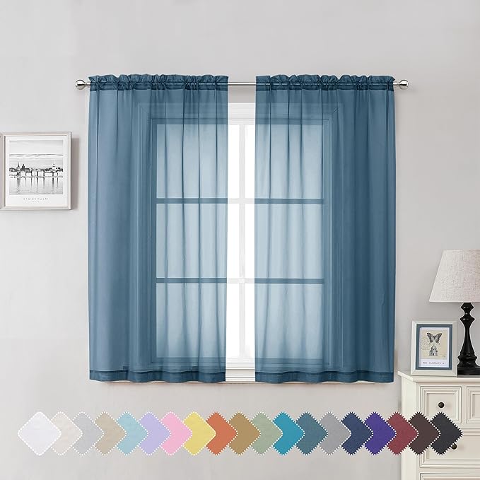 Dusty Blue Sheer Curtains 54 Inch Length 2 Panels, Light Filtering Voile by Lecloud