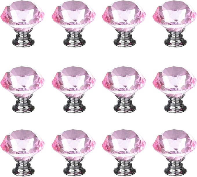 12pcs Diamond Shape Crystal Glass 30mm Cabinet Drawer Knob Pink