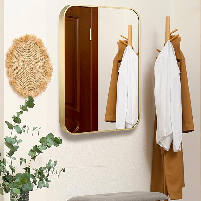 24"x30" Brushed Matte Gold Mirror for Wall, Gold Metal Framed Rounded Corner Rectangular Mirror for Bathroom Vanity,Entryway,Living Room,Bedroom,Vertical or Horizontal