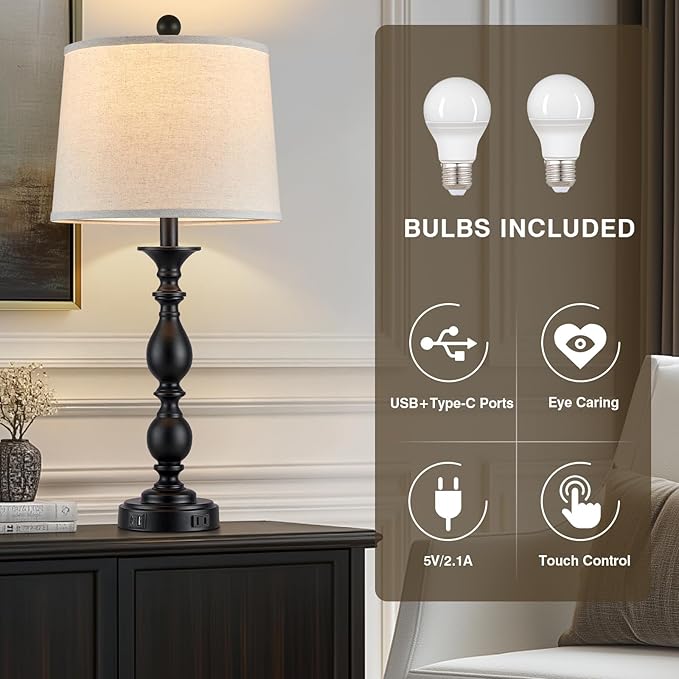 28" Tall Modern Table Lamps Set of 2 with USB C+A Ports and AC Outlet, 3 Way Touch Metal Bedside Lamps for Living Room, Black Farmhouse Nightstand Lamps for Bedroom