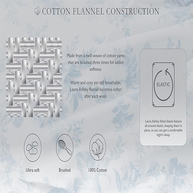 Laura Ashley - Flannel Sheets Twin Size, Anti-Pilling & Wrinkle Resistant Cotton, Touchably Soft for All-Season Comfort - Bed Sheets with Matching Pillowcase & Fitted Sheet (Victoria Beige)