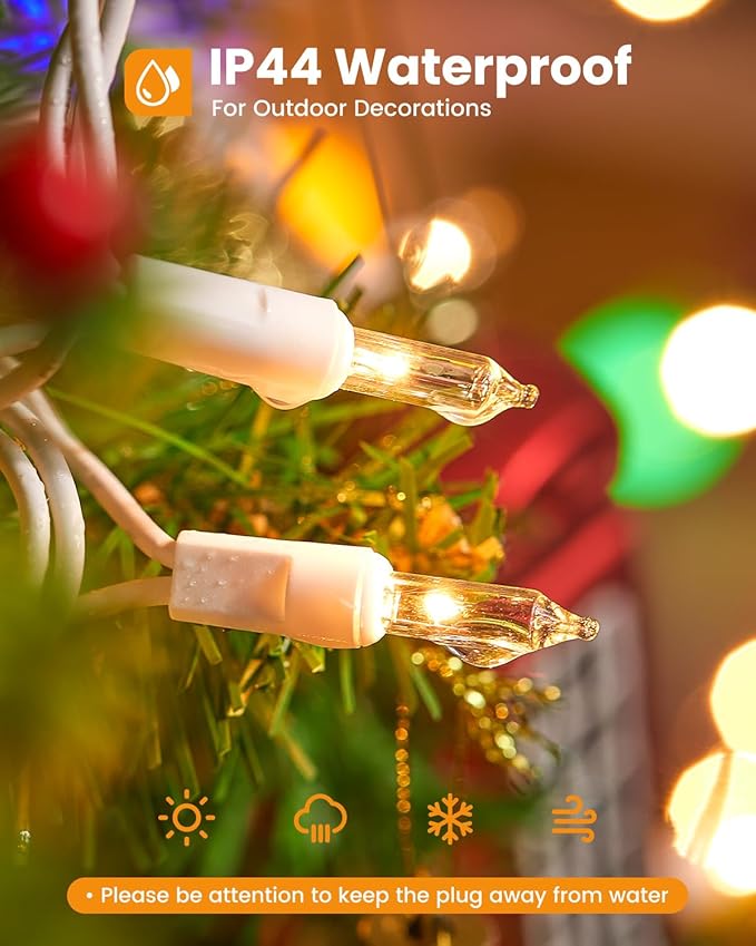 Clear Christmas Lights Set 100 Count 25 Feet Incandescent Bulb Mini String Lights for Indoor Christmas Tree Garland Birthday Wedding Party Festival Decoration, White Wire
