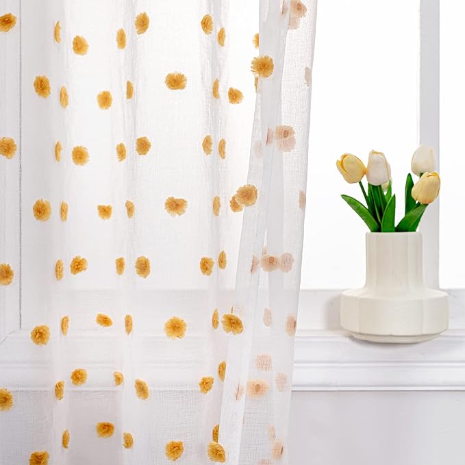 MYSKY HOME Burnt Orange Pom Pom Curtains for Bedroom, Small Windows, Light Filtering, White Sheer, Short Cafe, Bathroom Privacy, Rod Pocket, 52 x 45 inch, 2 Panels