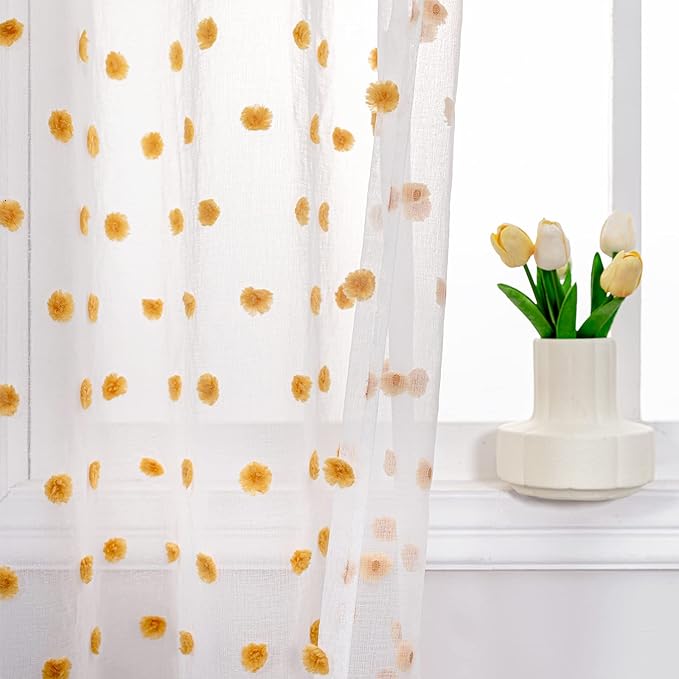 MYSKY HOME Orange Pom Pom Sheer Curtains for Girls Bedroom & Nursery - 72 Inch Long, 2 Panels, Light Filtering, Rod Pocket, Semi Window Drapes - 52 x 72 inch