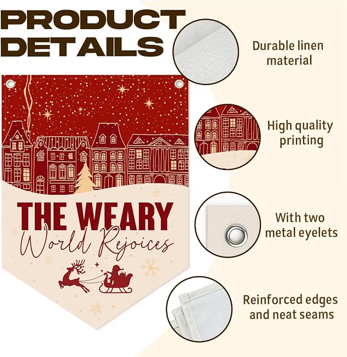 Christmas Wall Hanging Banner, "The Weary World Rejoices" Canvas Wall Art, Festive Town & Santa Sleigh Print Hanging Decor for Home, Living Room, Bedroom Holiday Decoration, 15.7 x 21.6 In