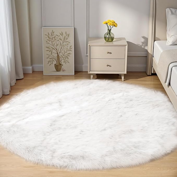Goolela White Round Area Rug 5ft Fluffy Circle Faux Fur Sheepskin Carpet by Goolela