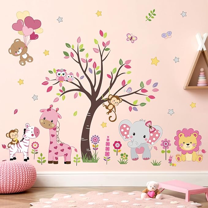 decalmile Pink Animal Tree Wall Decals Forest Lion Elephant Monkey Wall Stickers Girls Bedroom Baby Nursery Wall Decor