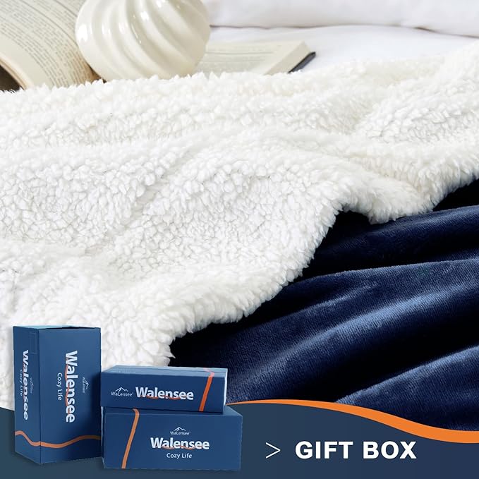 Walensee Sherpa Fleece Blanket (King Size 108”x90” Navy) Plush Throw Fuzzy Super Soft Reversible Microfiber Flannel Blankets for Couch, Bed, Sofa Ultra Luxurious Warm and Cozy for All Seasons