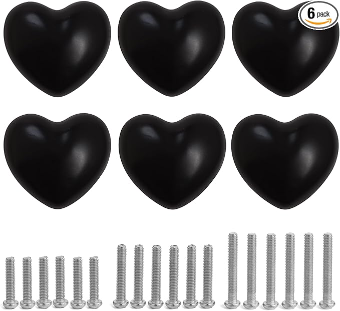 Ceramic Drawer Knobs Heart Shape Cabinet Dresser Pulls Handles with 3 Sized Screws, Kitchen Furniture Knobs for Closet Cupboard Wardrobe (6, Black)