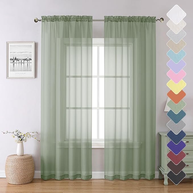 Sage Green Sheer Curtains 84 Inches Long 2 Panels Set, Solid Voile Light by Lecloud