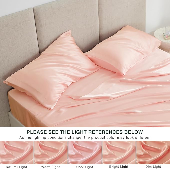 Love's cabin Satin Queen Sheets Set - 4 Piece Coral Silky Bed Sheets with Deep Pocket, Luxury Silk Feel Satin Queen Size Sheet Set (1 Flat Sheet,1 Fitted Sheet,2 Pillow Cases)