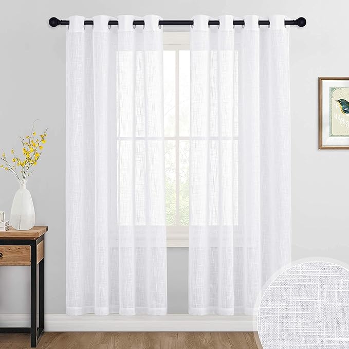 RYB HOME Sheer Curtains 72 inchs Long - Grommet Semi Sheer Curtains, Privacy Linen Textured Drapes for Bedroom Living Room Dining Balcony Bathroom, 52 inches Width x 72 inches Length, 1 Pair