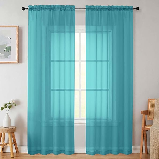 Turquoise Sheer Curtains for Bedroom Living Room 90 Inches Long 2 Panels Set by WelvetBLK