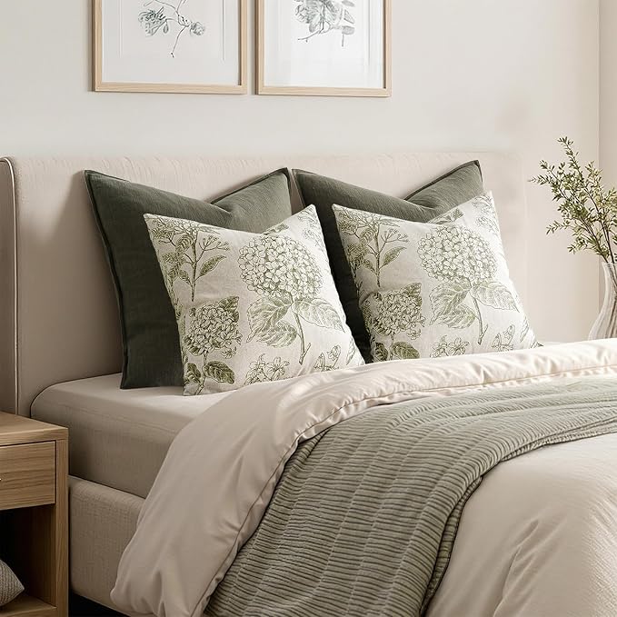 Set of 2 Decorative Floral Pillow Covers 16x16 Inch Light Green | Neutral - Image 6