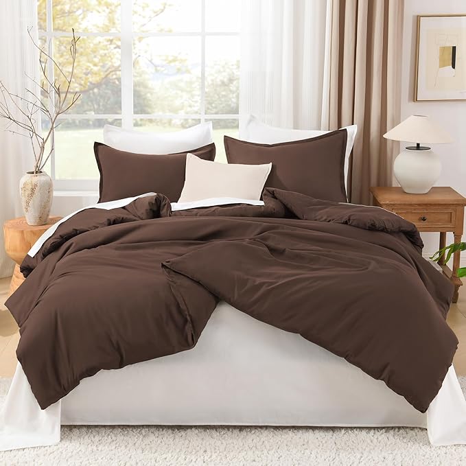 Litanika Comforters Brown Oversized Queen Size, 3 Pieces Lightweight Solid Bedding Set & Collections, All Season Fluffy Bed Set (98x98In Comforter & 2 Pillowcases)
