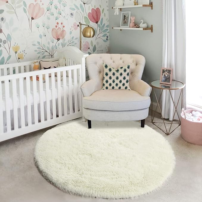 Amdrebio Cream Ivory White Small Round Fluffy Rug 3Ft - Image 5